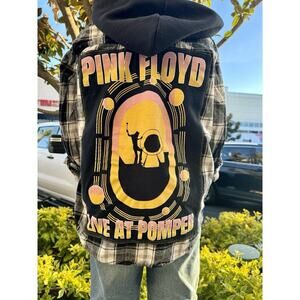 PINK FLOYD 60s 70s Rock Retro Vintage Upcycled Plaid Hooded Flannel Kids Sz M